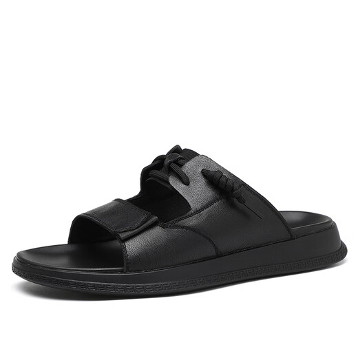 DIFANPU INTERNATIONAL LUXURY MANSA Men's Shoes High-End Men's Outer Wear Slippers versátiles Versátiles de desgaste de ropa resistente a la playa Flip-Flops de cuero Negro [Caja de regalo de marca] 41