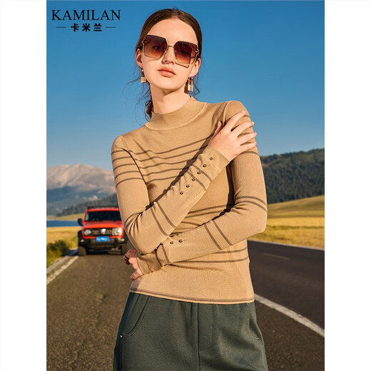 卡米兰（kamilan）长袖修身显瘦羊毛衫女2023秋季新款长袖条纹毛衣打底衫上衣 卡其色 S