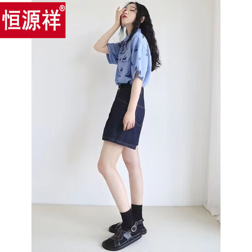 恒源祥蓝色猫咪印花衬衫女装夏季宽松遮肚小众别致小衫上衣港味穿搭衬衣 图片色 2XL