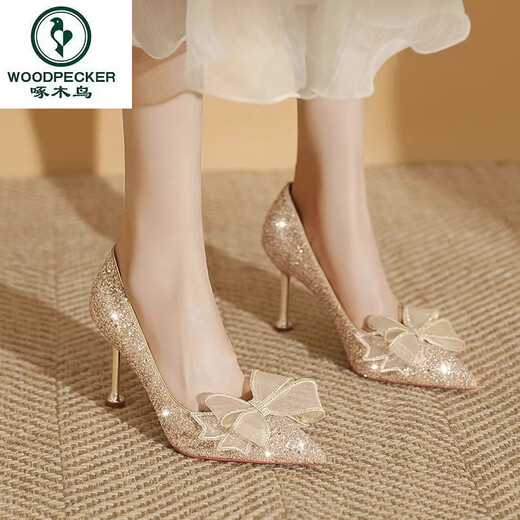 Woodpecker Champagne Couleur Chaussures de mariage pour femmes robe de mariée hexiu chaussures de mariée à deux usines talons talons sans pied fatigués
