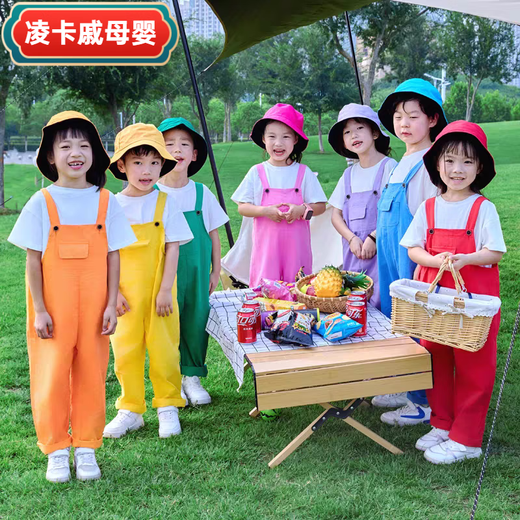Lingka Qi boys and girls candy colored overalls trousers suit dopamine chorus cheerleading dance performance class uniform SH-002 yellow long overalls 120