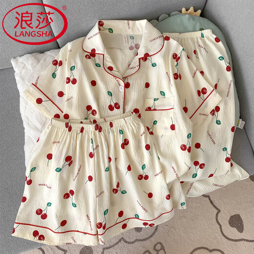 浪莎（LangSha）纯棉纱布睡衣女短袖长裤夏款三件套甜美樱桃外穿开衫家居服春秋季 云朵棉-J9901#乐园小狗三件套 M 【建议75-100斤】