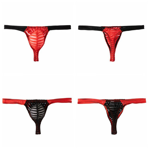 Men's low-waist underwear men's thong sexy transparent striped bikini color matching fitness gay sports muscle male 0 red and black (excluding cover) 1 piece