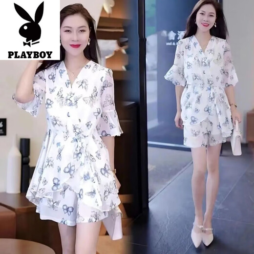Playboy (Playboy) Fashion Casual Anzug Frauen 2025 Sommer-Neutemperament und Altersreduzierung gedruckter Chiffon-Top-Shorts Zwei-teilige schwarze Single-Hose-Sehen Sie sich das Bild an-Flaggschiff M _Suggested 80-100jin [Jin gleich 0,5 kg]