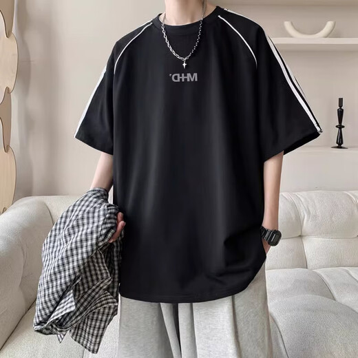 
POUM American striped sports T-shirt men's summer short-sleeved trendy brand high street handsome half-sleeved teen loose casual top CQS-1504 gray M