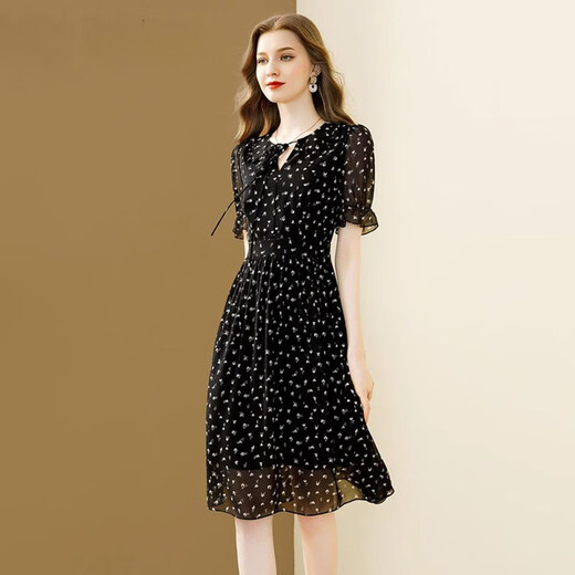 Ehangy International Light Luxury 2025 Commuter Black Floral Chiffon Dress Women's Summer New Temperament Waist-Close Mid-Long Skirt Black [High-end Gift Box] M