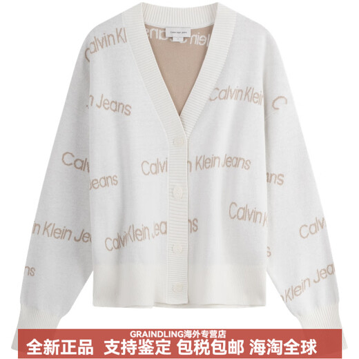 凯文克莱（Calvin Klein）含羊毛混纺提花纽扣V领宽松针织开衫毛衣女士 BEH-太空黑 XS
