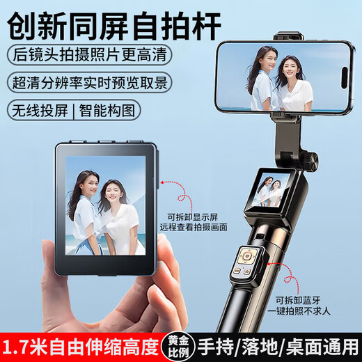 德威狮新款投屏手机自拍杆后置拍摄同屏支架落地三脚架手持桌面通用蓝牙遥控合金伸缩杆直播高清旅游便捷 【智能实时画面投屏】1.7米落地三脚架+蓝牙遥控+