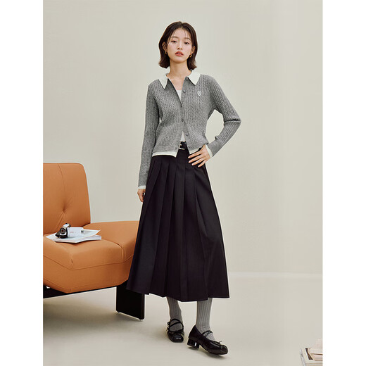 
Inman College style contrasting lapel cork knit cardigan 2025 autumn women's new long-sleeved sweater gray M