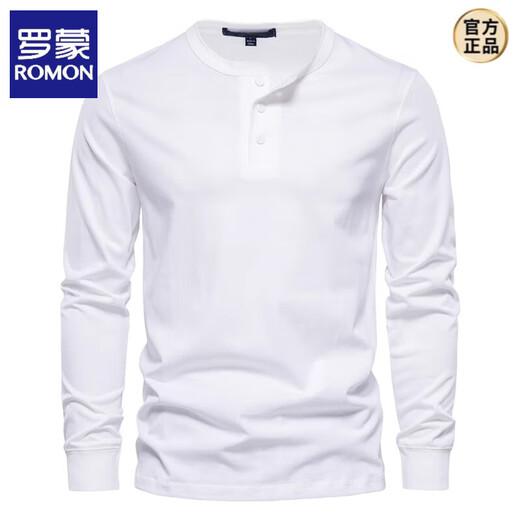 ROMON long-sleeved t-shirt for men, pure cotton, heavyweight army green henley shirt, American spring and autumn round neck open-neck top, royal blue M (weight 130-145Jin Jin equals 0.5kg)