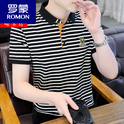 Romon kurzärmeliges T-Shirt für Herren-Sommer-Eis Silk-Polo-Hemd gestreiftes Stick-Revers-T-Shirt atmungsaktives halbärmeliges Top 6626 Khaki M [80-100jin [Jin ist gleich 0,5 kg]]
