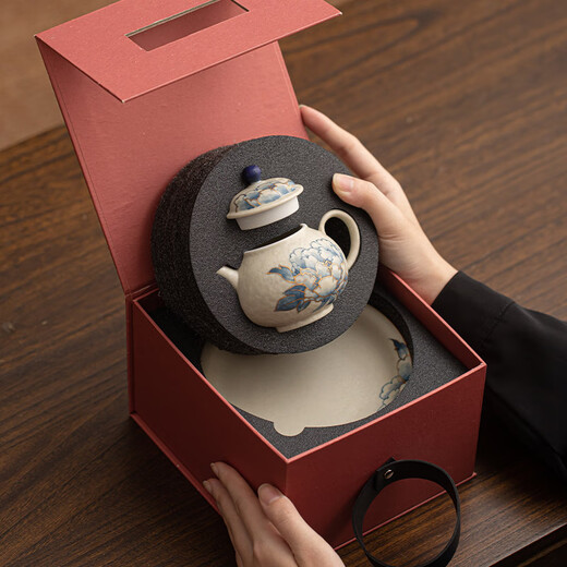 SUSHI CERAMICS hand-painted golden blue and white peony teapot flint red glaze teapot with teapot gift box
