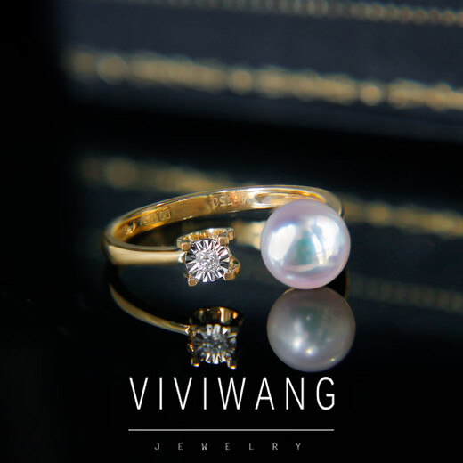 Yuansi VIVI Japanese Akoya seawater pearl ring diamond 18k gold thickened opening adjustable bull head gold model 9-11 ring 7-7.5mm