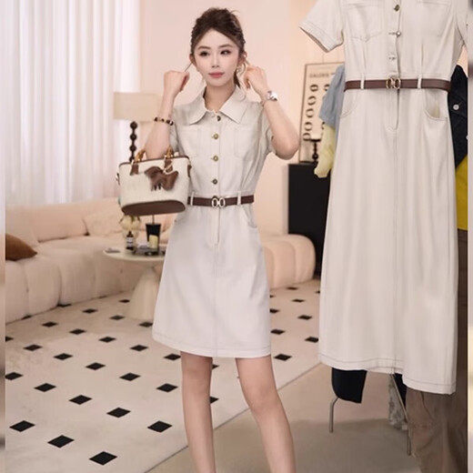 [Geben Sie einen Gürtel] Temperamentpendler Revers kurzärmeliges Kleid für Frauen 2025 Sommer NEUER Taillenbaus schlampiger Rock D1632 Beige Short m [100-110jin [Jin ist 0,5 kg]]
