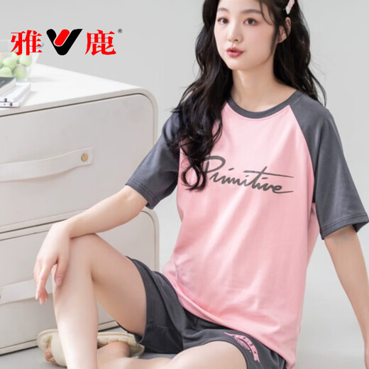 雅鹿睡衣女夏短袖纯棉2022新款韩版学生可爱家居服女春秋薄款大码套装 短袖套装--G6630 M 女--【80-100斤】