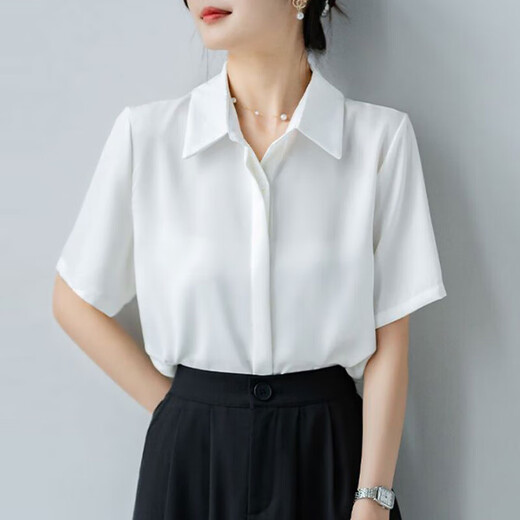 港风职业衬衫女20255新款夏季抗皱通勤时尚气质正装白色短袖衬衣 8102【高品质缎面】白色短袖 M (建议【96-110】斤)