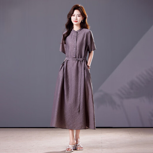 Ehangy轻奢品牌连衣裙女2025夏季新款宽松大码洋气减龄收腰显瘦大摆裙子 灰色 M 约适合体重120斤内