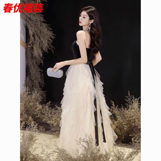 Bajintu Banquet Tubeless Evening Dress for Women New Style Birthday Art Exam Dress Light Luxury Niche High-end Annual Party Black S