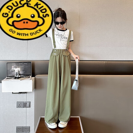 G.DUCKKIDS女童背带裤夏季薄款2025新款女大童夏装套装女孩夏款黑色儿童裤子 黑色套装 170
