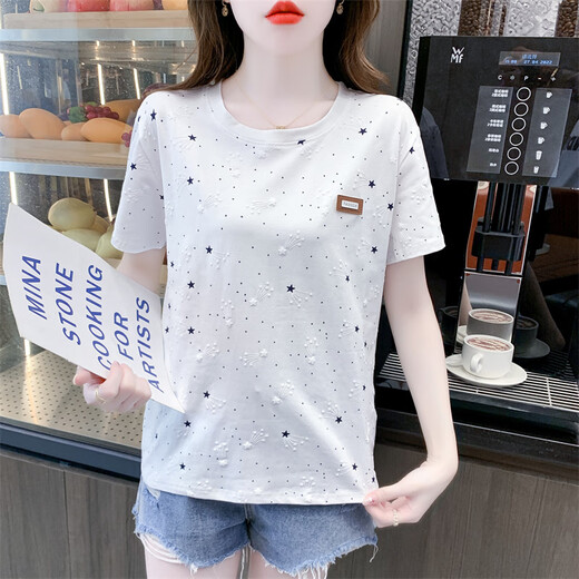 T-Shirt für Frauen in 2025 neueste Baumwoll-gedruckte kurzärmelige T-Shirt für Frauen im Sommer 2025 neues loses Bauchabdeckung 1396 Blue Meteor + W7235 Black M geeignet für 100-109jin [Jin gleich 0,5 kg]