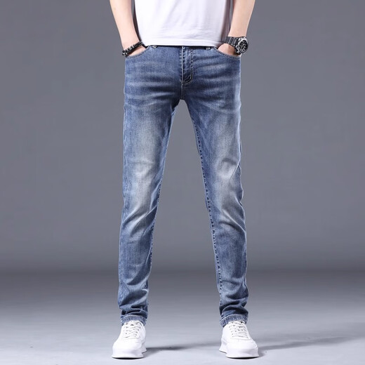 Joeone Ice Seidenjeans Männer schlanke Füße 2025 Sommer dünne elastische Jugendlosen lässige lange Hose Herren Sommer 1048 Blau dünne Schlanke Füße 1048 Blau 1 28 Taille 2 Fuß 1