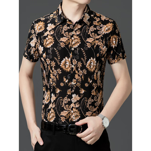 
Seven Wolf (SW1960) summer print short-sleeved floral shirt men's handsome Chinese style dragon pattern ice silk inch shirt half-sleeved casual dad suit yellow 9898 S 165