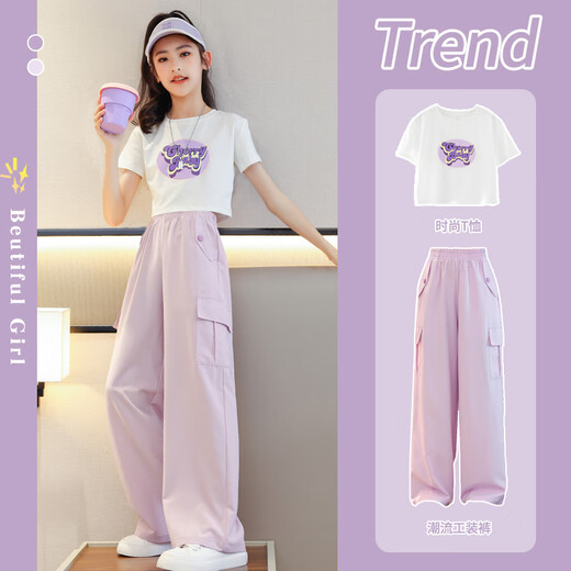 勤度女童夏季裤子薄款女大童冰丝阔腿裤儿童工装裤防蚊裤夏装长裤 9889白色+15029粉紫色[套装] 140 cm