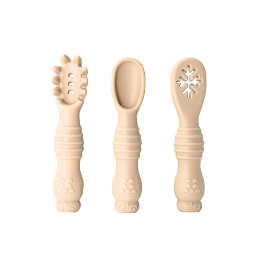 
Baby supplementary food silicone tableware set for children's silicone suction cup bowl baby spoon silicone meal plate owl meal plate beige-3 piece set for fork spoon