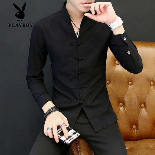 
Playboy (PLAYBOY) men's shirt long sleeve spring and autumn Tang suit plate button Chinese stand-up collar jacket Chinese style casual shirt sense men's clothing white 9905 plate button-up stand-up collar shirt M