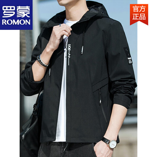 Romon Spring Jacket Herren neuer Frühling und Herbst mit Kapuze mit Kapuzendünner jugendlicher Jacken kurzer Farbjacke K12131 Black M [Empfohlen 100-110jin [Jin gleich 0,5 kg]]]