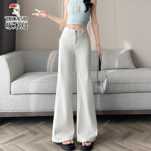 Pic de bois de tennis blanc les jambes larges jeans souples jeans féminins 2025 Été mince drapage pantalon flash élastique Transverses m adaptées au poids 100-115jin [Jin égal à 0,5 kg]