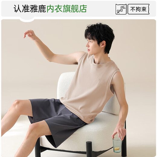 雅鹿睡衣男士纯棉夏季薄款背心无袖短袖套装亲肤透气柔软舒适家居服 13657男 L