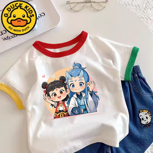 G.Duckkids Kinder reines Baumwoll-Kurzärmel-T-Shirt im Sommer Nezha 2025 Neue Jungen und Mädchen mit halben Ärmeln kleine und mittelgroße Kinder-T-Shirt Drei-Farben Kurzärärt (736 Nezha) 100 cm