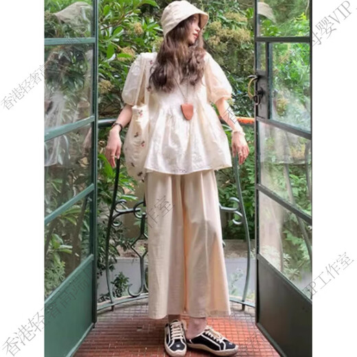 GUYN Maternal Women Summer Suit Two-Piece Cotton Hollow Shirt Top Summer Thin Fashionable and Casual Lazy Style Apricot Top + Khaki Wide Leg Pants M