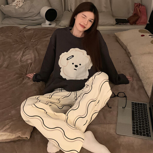 
Yalu new pajamas for women in spring and autumn summer long-sleeved cute student dormitory pure and beautiful home clothing set KT-16803-Sesame Street L [Suggested 100-120Jin [Jin equals 0.5 kg]]