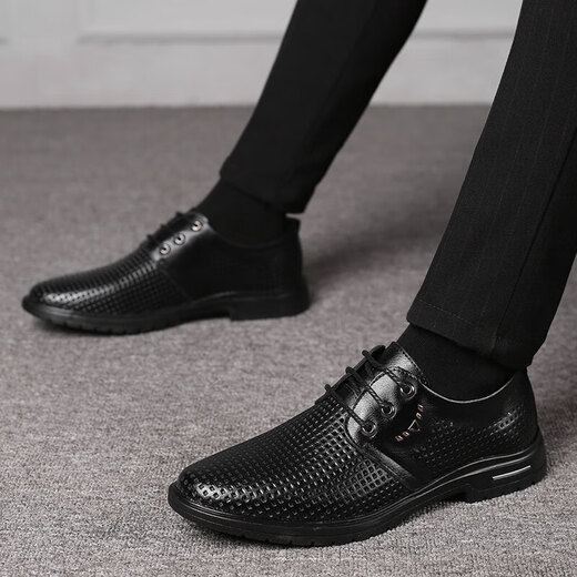 Yierkang sandalias masculinas negocios para hombres uso formal de cuero genuino hueco transpirable negros naipes de boda de boda 12357 cuatro temporadas negras 43