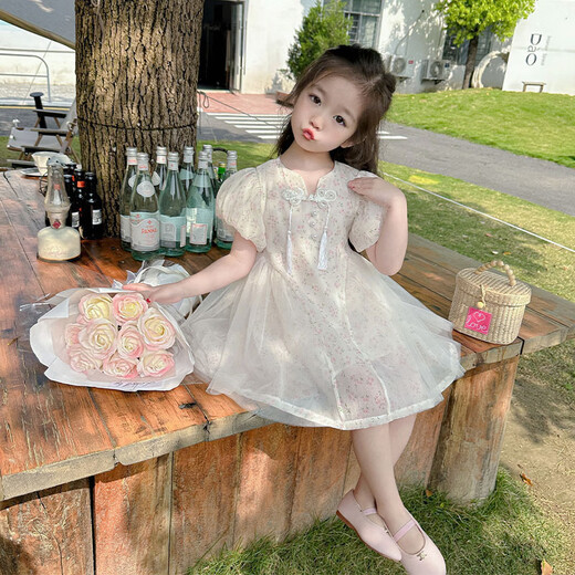 纷资言女童连衣裙2025新款宝宝旗袍夏季公主裙中式国风礼服夏装裙子 ZX6629米杏色 90