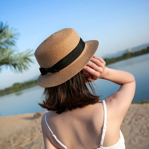 逸兼草帽女遮阳帽夏天复古平顶小清新礼帽遮阳海边度假沙滩帽子出游 【小蝴蝶结-卡其】 自带防风绳