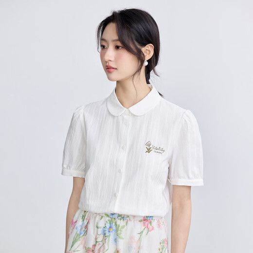
InMAN (INMAN) pure cotton literary embroidered short-sleeved white shirt for women 2025 summer comfortable and versatile commuter lapel shirt top Pearl white M