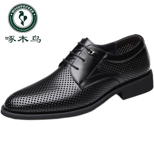 
Woodpecker head layer cowhide men's sandals summer genuine leather hollow leather shoes business casual height-enhancing British lace-up men's shoes 9928 black hollow sandals 40