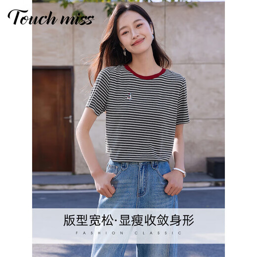 塔驰密司 TOUCH MISS高端时尚减龄短袖T恤女夏装新款圆领绣花条纹正肩显瘦上衣女 灰白条 L