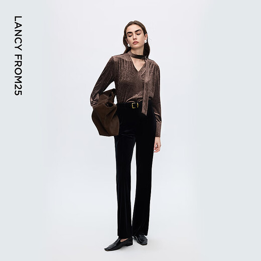 Langzi acetate velvet V-neck retro old money style top fashionable drape commuter shirt 2025 winter new style dark brown L