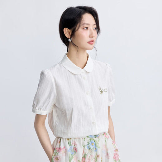 
InMAN (INMAN) pure cotton literary embroidered short-sleeved white shirt for women 2025 summer comfortable and versatile commuter lapel shirt top Pearl white M