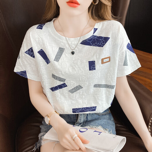 Pierre Cardin pure cotton short-sleeved T-shirt for women white half-sleeved T-shirt summer 2025 new Korean style loose women's summer top 810 blue square + 897 three-color flower S recommended 95Jin Jin equal to within 0.5 kg