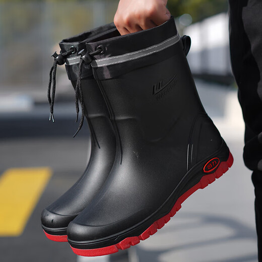 Pull-back rain boots for men, all-in-one cotton rain boots, non-slip waterproof shoes, work rubber shoes, fishing shoes, car wash overshoes, water boots, rubber shoes, 5388 black plus velvet (fixed velvet), one size larger 43