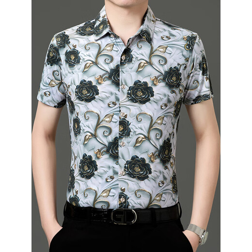 
Seven Wolf (SW1960) summer print short-sleeved floral shirt men's handsome Chinese style dragon pattern ice silk inch shirt half-sleeved casual dad suit yellow 9898 S 165