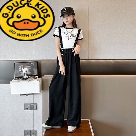 G.DUCKKIDS女童背带裤夏季薄款2025新款女大童夏装套装女孩夏款黑色儿童裤子 黑色套装 170