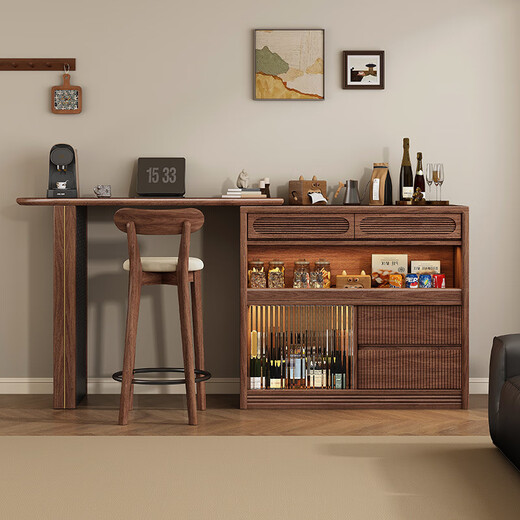 Small wood walnut medieval style black walnut bar counter dining side cabinet living room household solid wood retractable apartment dining table storage cabinet bar counter + retractable rack group and