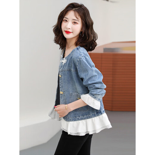 LPOX jacket denim jacket for women 2025 spring and autumn new style spliced embroidered contrasting color versatile denim jacket for women 9926# picture style [Blue] S [Suggested 80--100Jin [Jin equals 0.5 kg]]