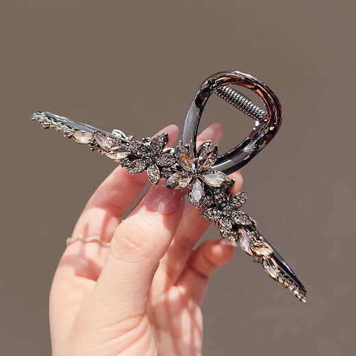 Red makeup flower gun black hair accessories hair clip women's high-end design sense large back head shark clip Christmas gift F3406 light luxury rhinestone flower shark clip